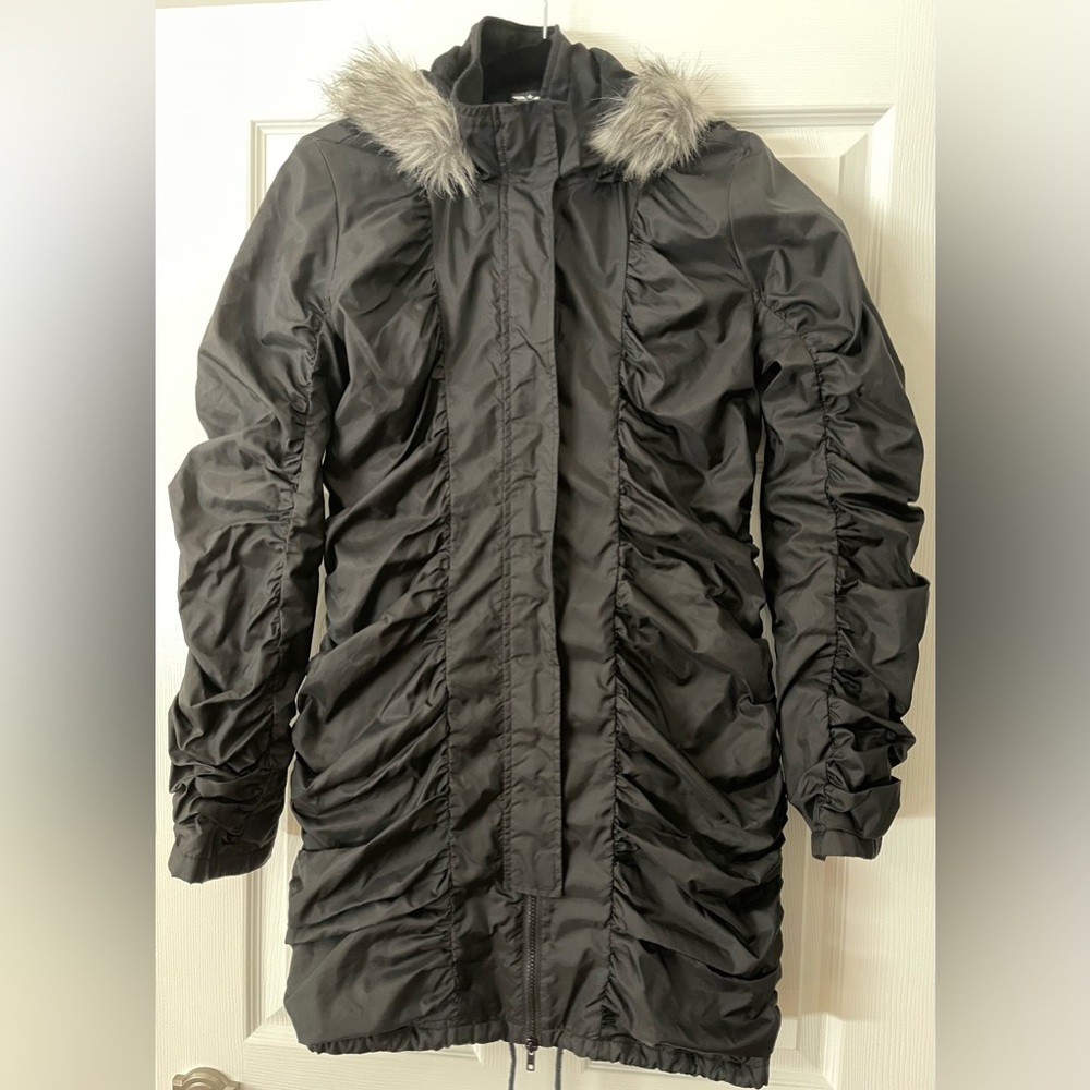 Bebe Sport Ruched Black Long Jacket Fur Hood Sz. Med Vintage Y2K